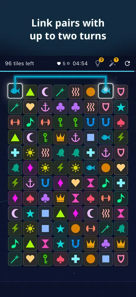 The game board: a cyan beam with two turns joins two matching fish tiles. 96 tiles left, 4:54 on the clock.
