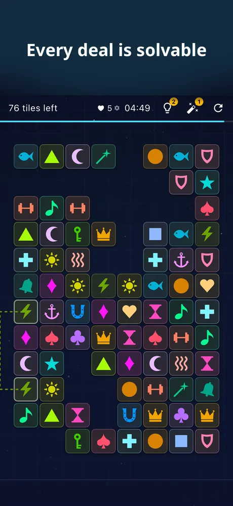 A board in progress with a dashed hint path between two matching tiles. Caption: Every deal is solvable.