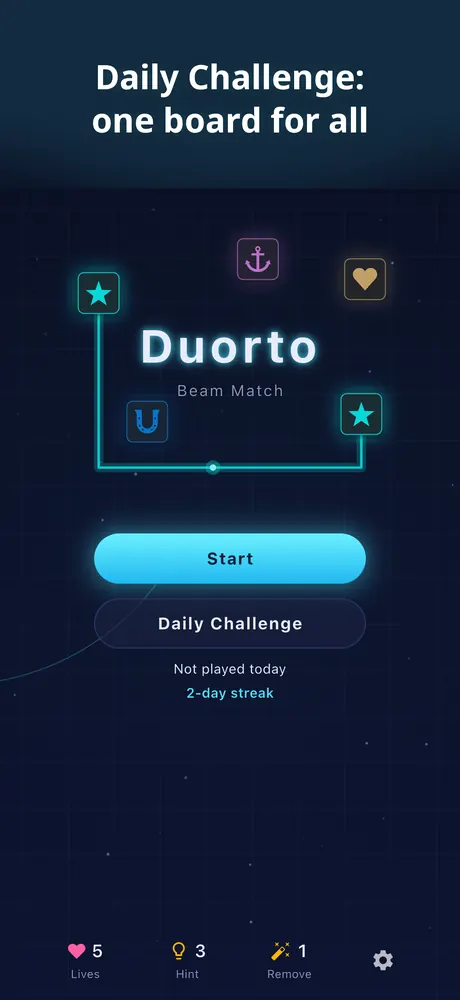 Home screen with Start and Daily Challenge buttons, today's status and a 2-day streak.