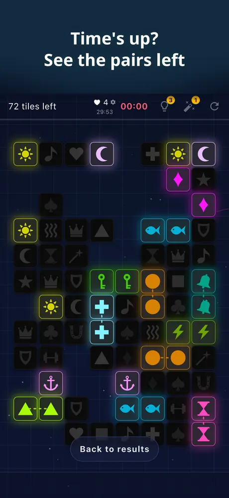 Time's up: the pairs that could still be matched light up while the rest of the board dims.