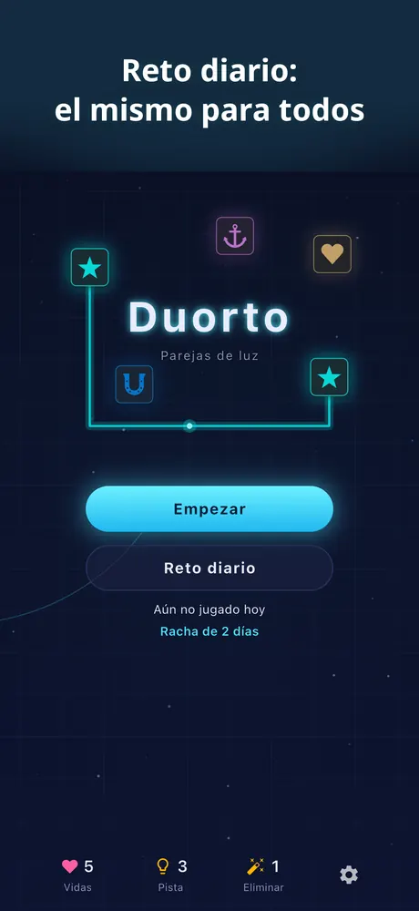 Pantalla de inicio con los botones Jugar y Reto diario, el estado de hoy y una racha de 2 días.