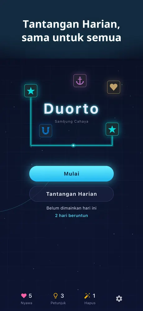 Layar beranda dengan tombol Mulai dan Tantangan Harian, status hari ini, dan 2 hari beruntun.