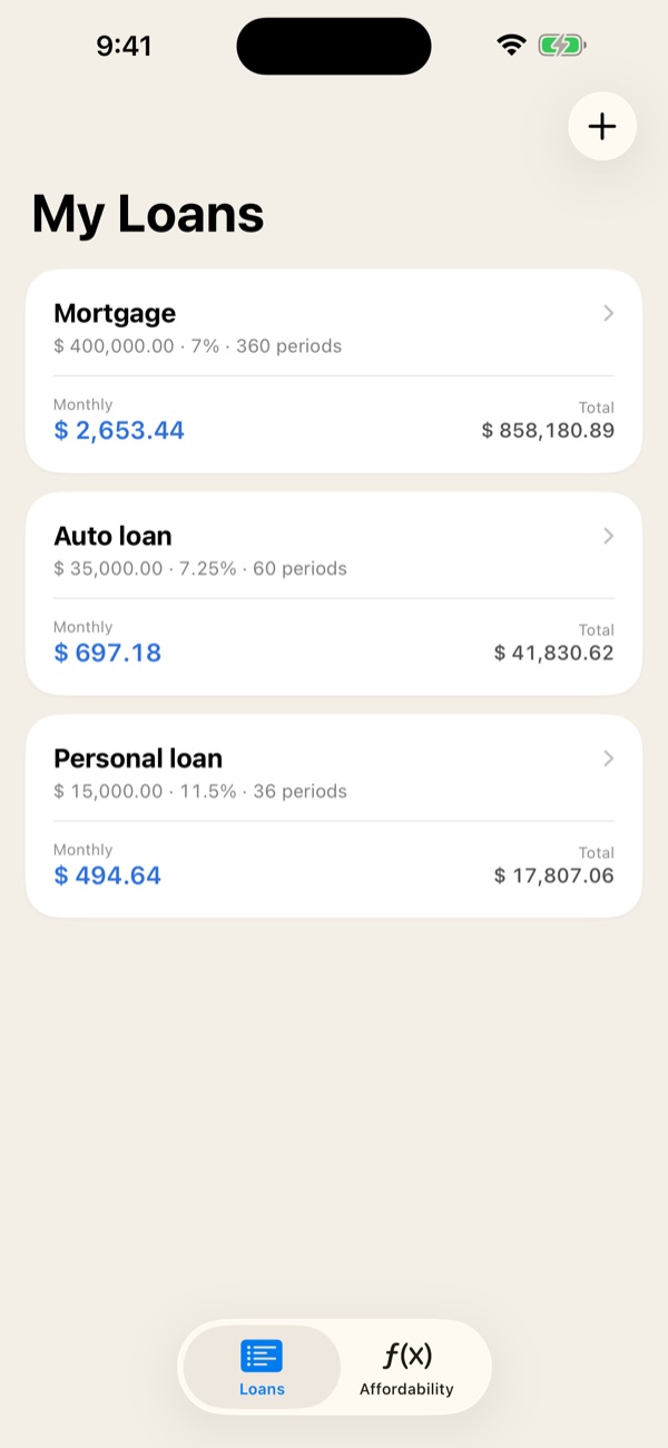 List of saved loans with monthly and total payments