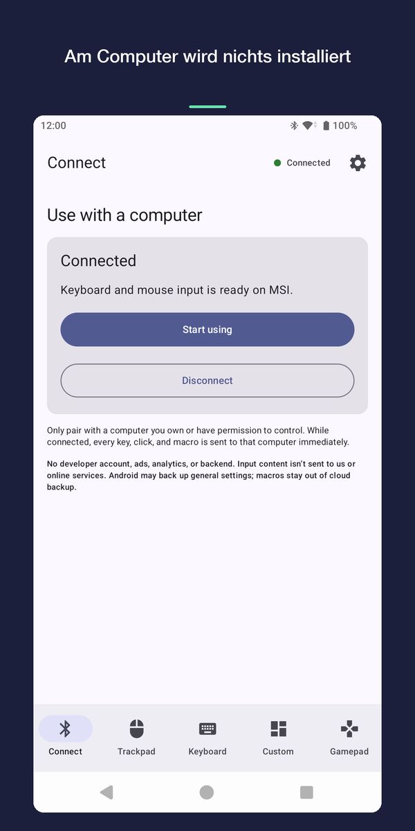 Der Verbindungsbildschirm: Das Handy ist mit einem Computer namens MSI verbunden und bereit für Tastatur- und Mauseingaben.