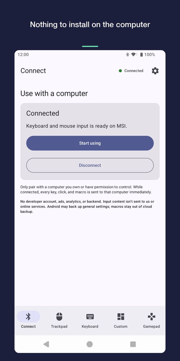 The Connect screen: the phone is connected to a computer named MSI and ready for keyboard and mouse input.