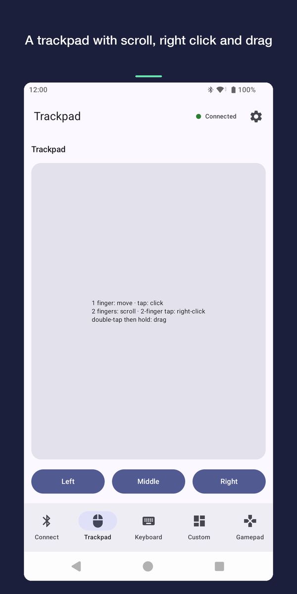 The trackpad screen: move, click, two-finger scroll, two-finger right click and drag.