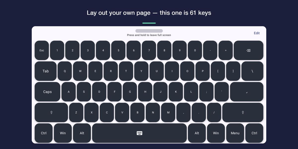 A custom page laid out as a full 61-key keyboard in landscape.