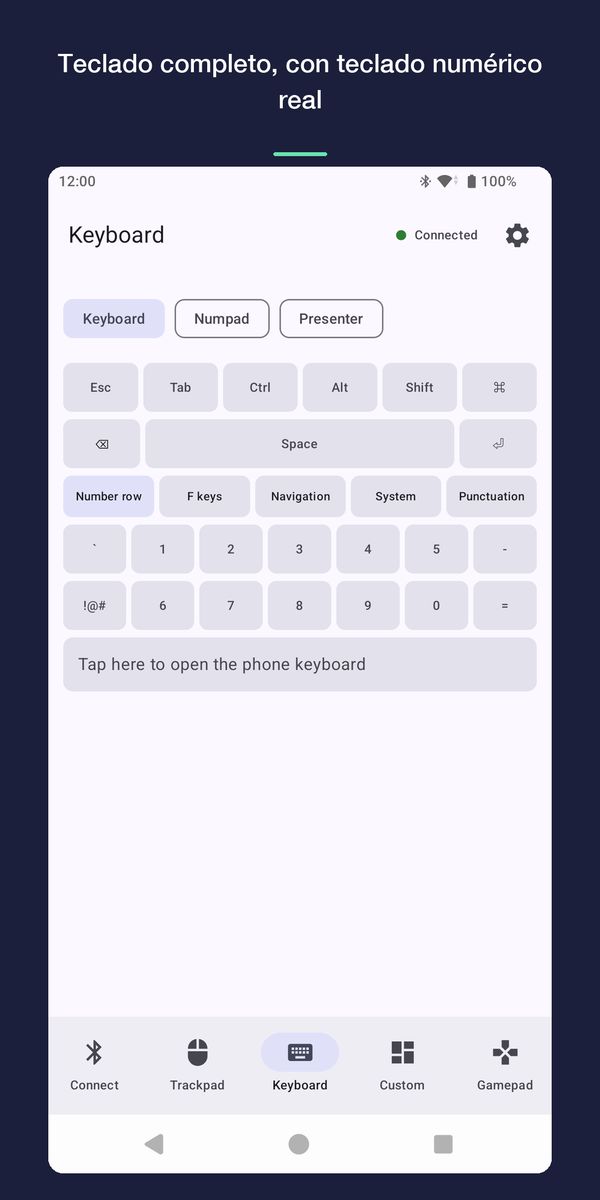 Pantalla de teclado con teclas modificadoras, fila de números y un botón que abre el teclado del móvil.