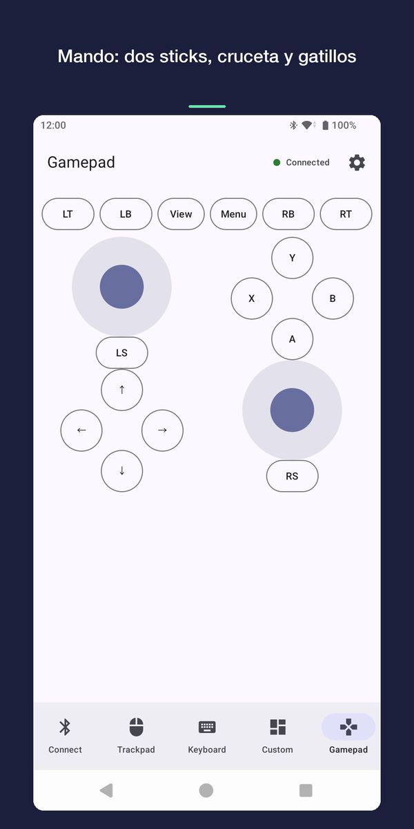 Pantalla de mando con dos joysticks, cruceta, botones y gatillos.