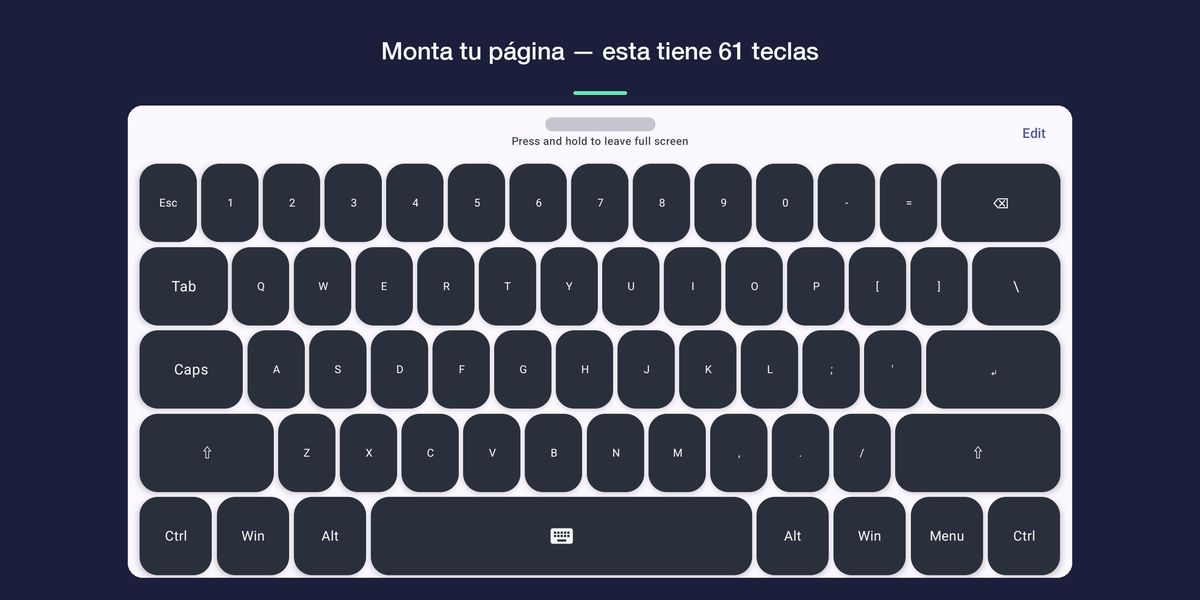 Una página personalizada montada como teclado completo de 61 teclas en horizontal.