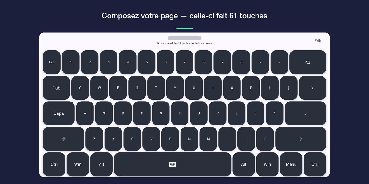 Une page personnalisée disposée en clavier complet de 61 touches, à l'horizontale.