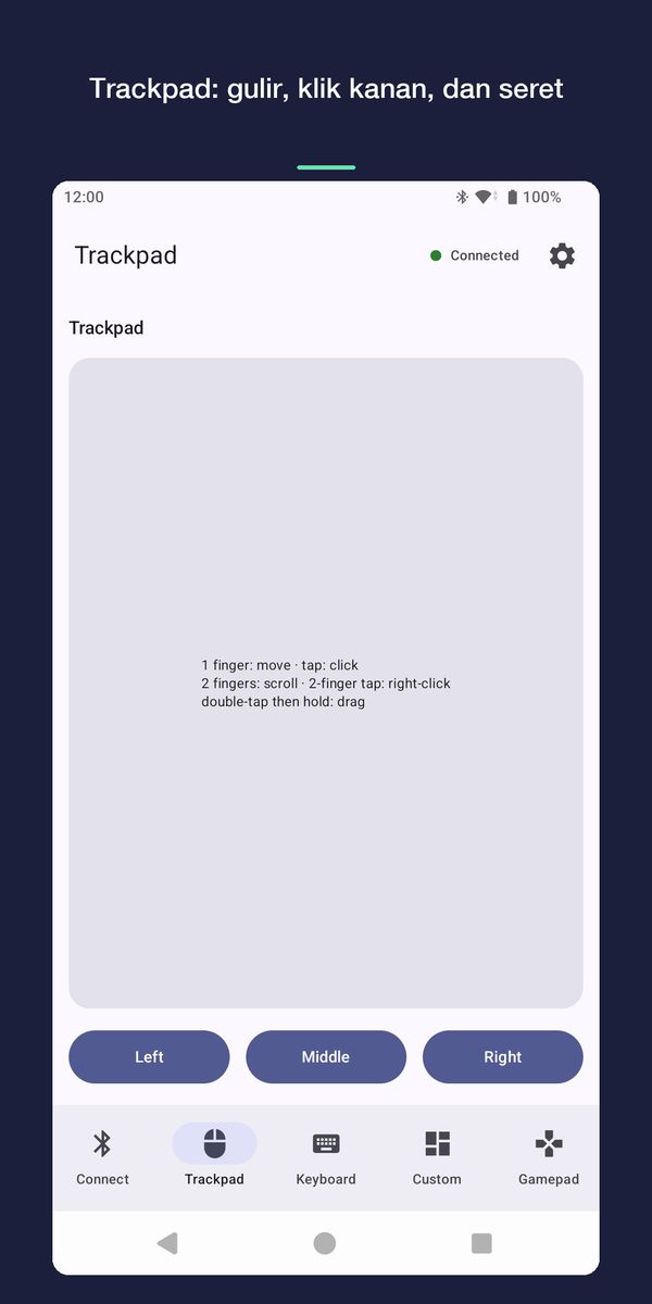 Layar touchpad: gerak, klik, gulir dua jari, klik kanan dua jari, dan seret.