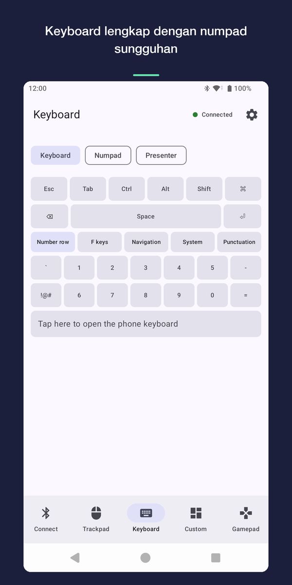 Layar keyboard dengan tombol pengubah, baris angka, dan tombol untuk membuka keyboard HP.