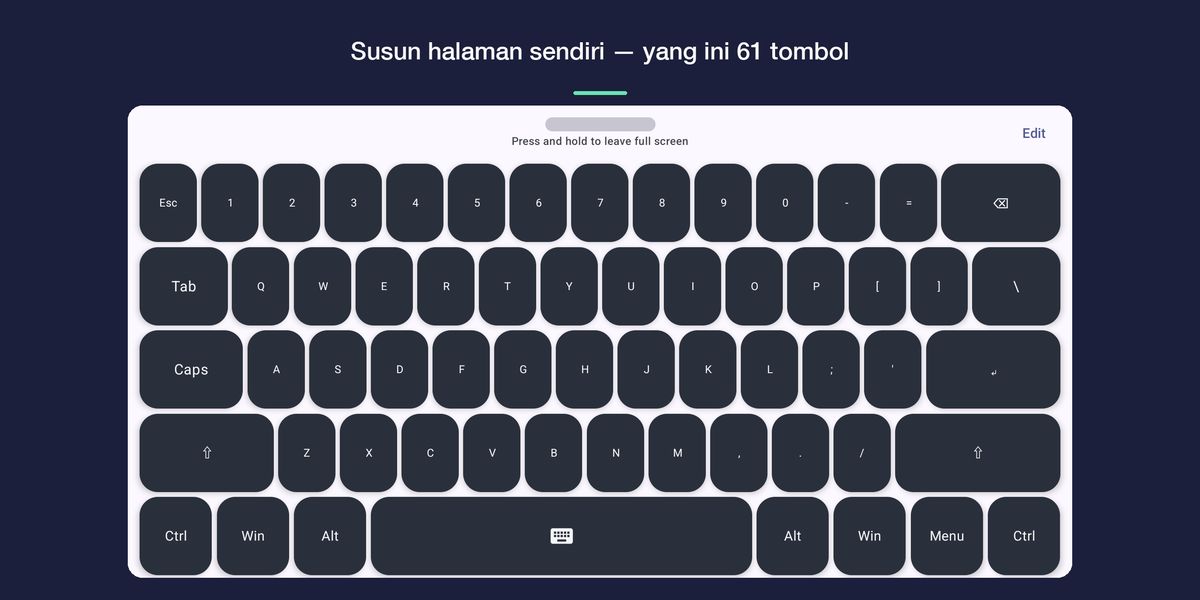 Halaman kustom yang disusun sebagai keyboard lengkap 61 tombol dalam posisi mendatar.