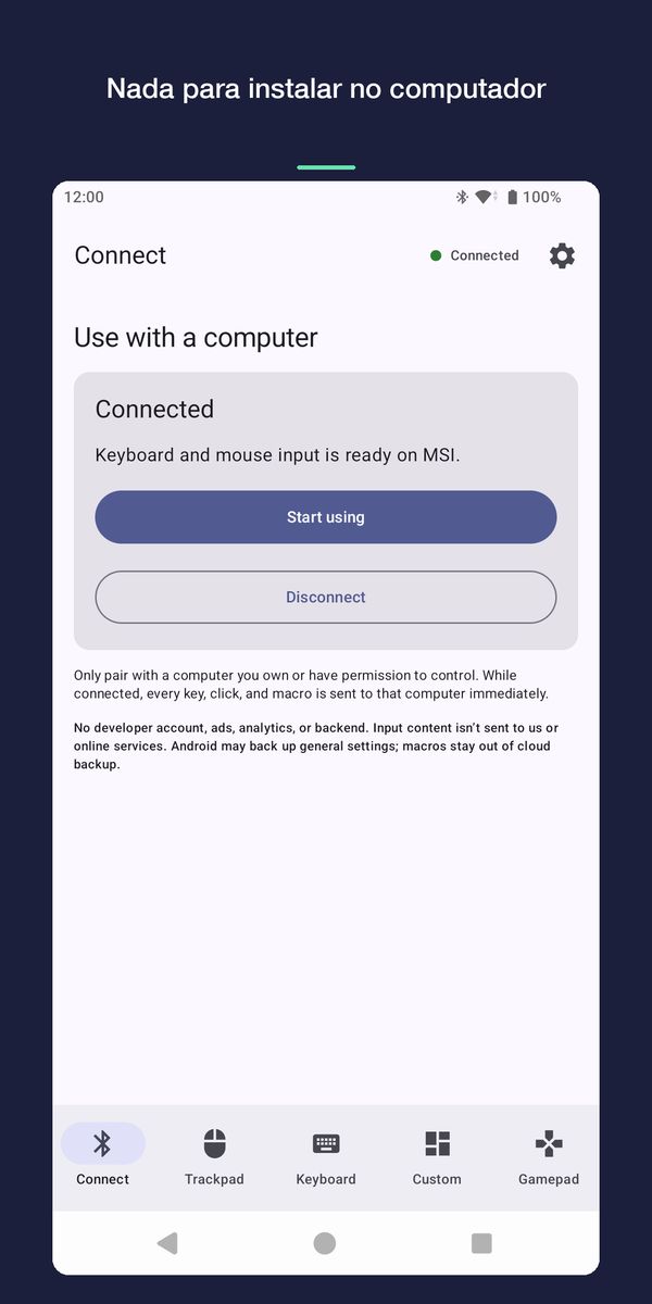 Tela de conexão: o celular está conectado a um computador chamado MSI, pronto para teclado e mouse.