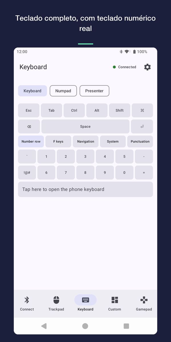 Tela do teclado com teclas modificadoras, fileira de números e um botão que abre o teclado do celular.