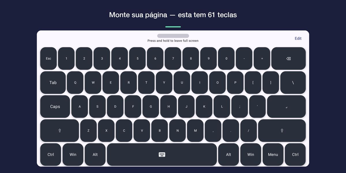 Uma página personalizada montada como teclado completo de 61 teclas na horizontal.