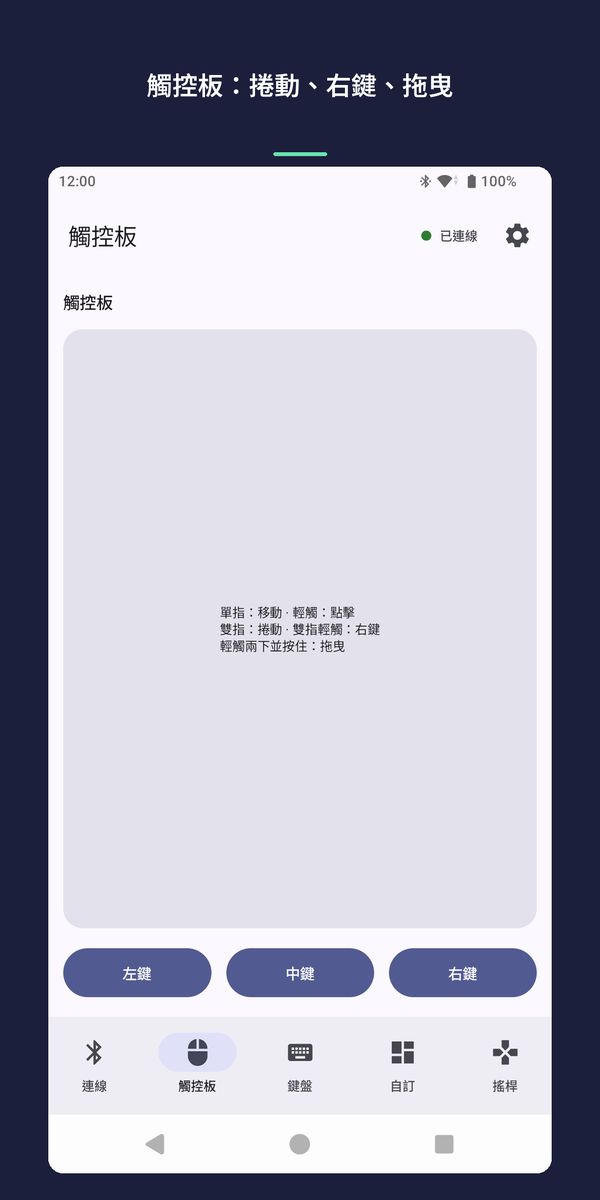 觸控板畫面：移動、點擊、雙指捲動、雙指右鍵、拖曳。